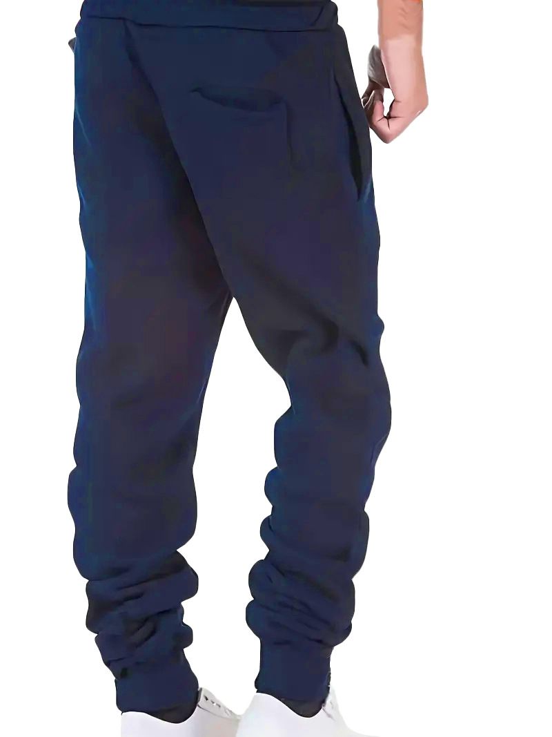 Pantalon de jogging décontracté pour homme avec étiquette en cuir – Pantalon de survêtement doublé polaire polyester pour l'hiver, poignets élastiques, coupe décontractée, couleur unie_voghion.com