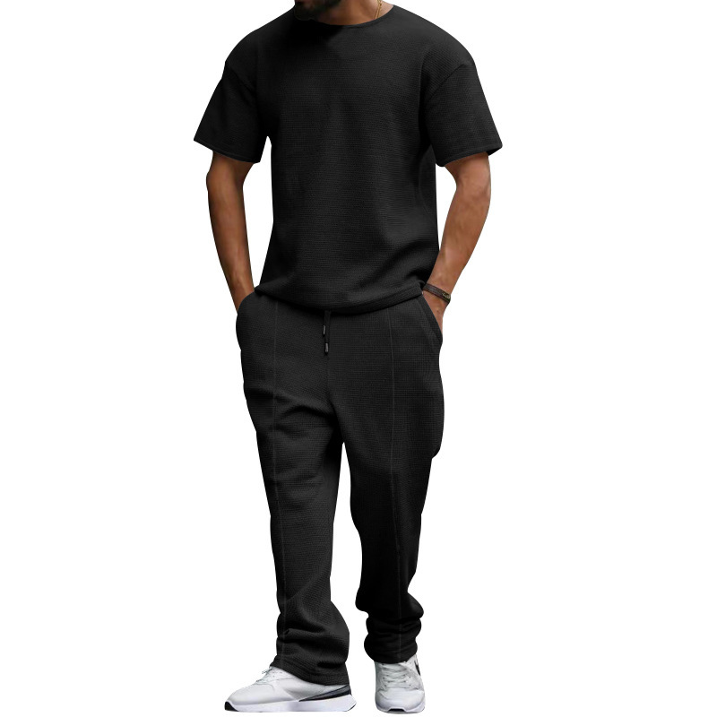 men's short-sleeved trousers suit heavyweight waffle oversize large size round neck casual suit_voghion.com