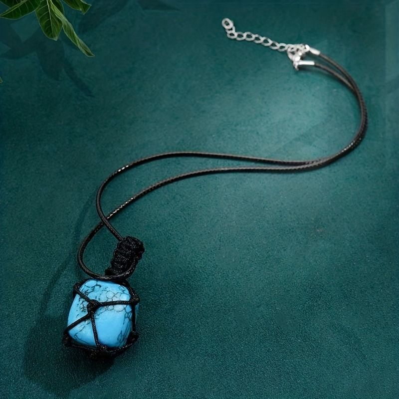 Hand-Woven Amethyst & Agate Pendant Necklace - Irregular Raw Stone Woven Net Bag Sweater Chain For Boho & Hippie Style (18")_voghion.com
