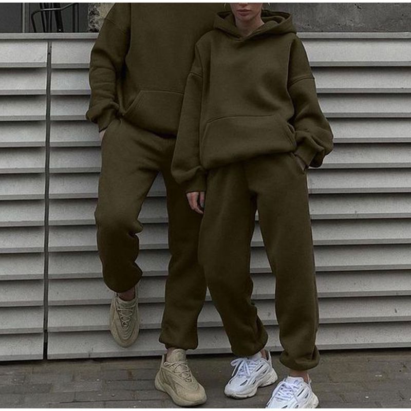 Casual Uomo Due Pezzi Set 2024 Oversize Felpe con cappuccio Pantaloni Tute Autunno Inverno Fleece Abiti caldi femminili_voghion.com
