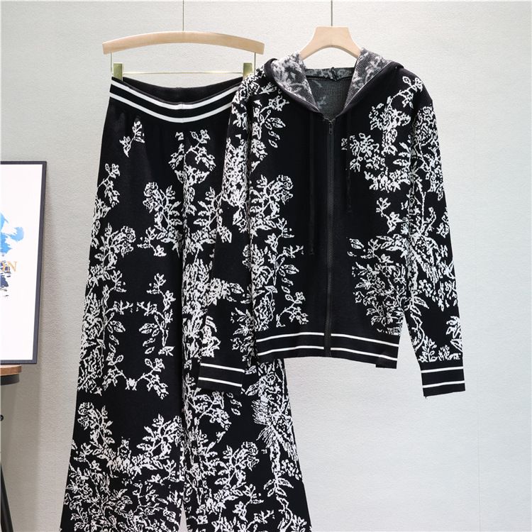 Trajes de punto de moda para mujer, suéteres con capucha, pantalones de pierna ancha, trajes de dos piezas_voghion.com