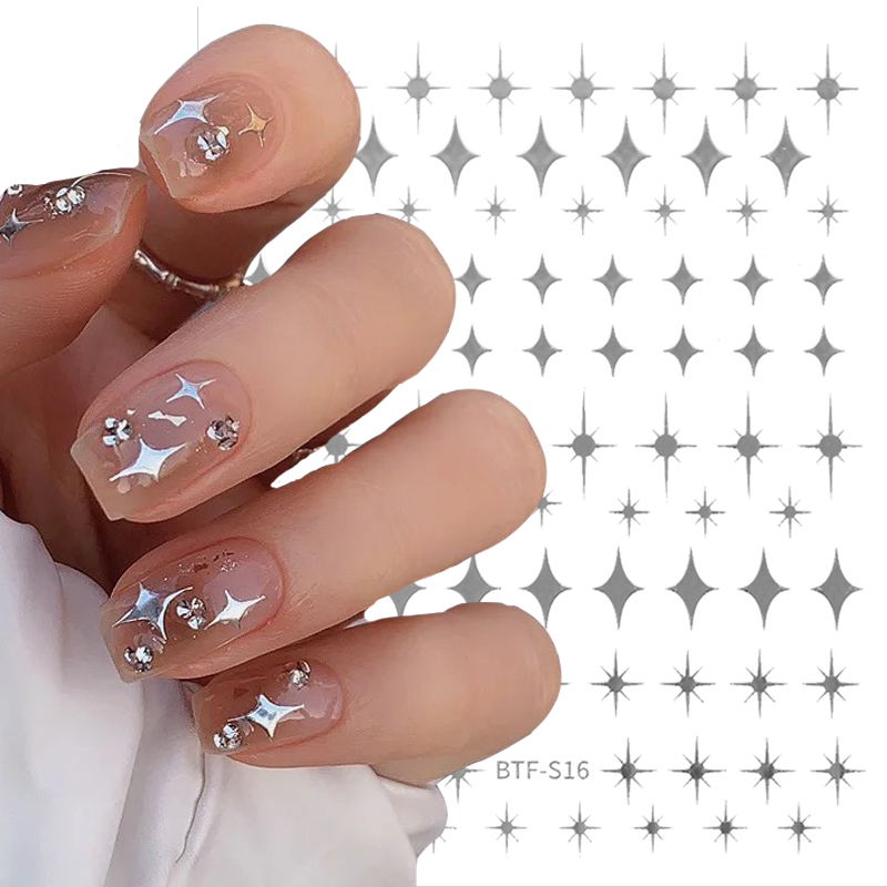 Star Nail 1PC Kunstaufkleber Vierzackige Sterne Bronzierendes Weiß Schwarz Splitter Selbstklebende Nagelaufkleber Glänzende s_voghion.com