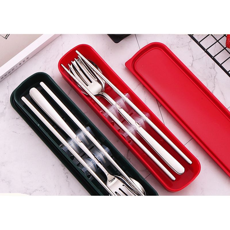 Ensemble de baguettes, cuillères, fourchettes, portable en acier inoxydable, trois pièces, vaisselle pour étudiants, boîte de rangement, cadeau_voghion.com