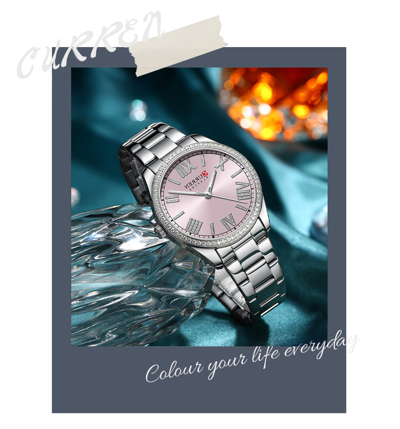CURREN orologio da polso da donna al quarzo di lusso quadrante con strass elegante orologio in acciaio inossidabile con puntatore luminoso_voghion.com