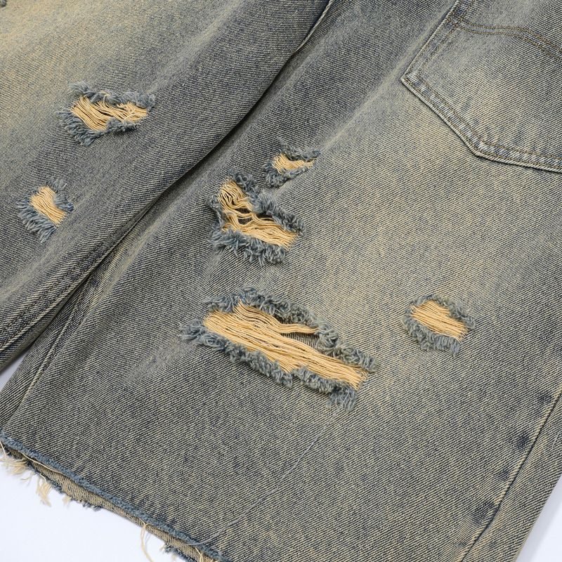 Herrenbekleidung Retro Raw Edge Distressed Ripped Denim Reißverschlussjeans Trendy Loose Casual Vielseitige Arbeitskleidung Männer und Frauen Anzüge_voghion.com