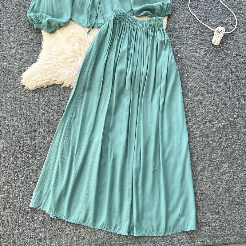 Abbigliamento da donna, abito da temperamento tinta unita, camicia con maniche a sbuffo primaverile da donna + gonna lunga sottile con elastico in vita_voghion.com