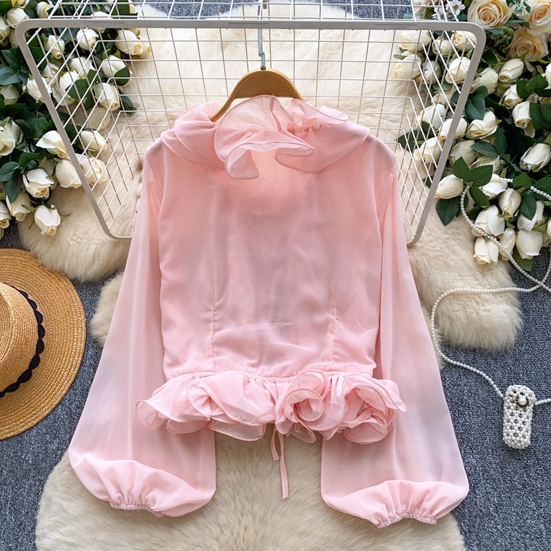 Women's Clothing V Neck Lace Ruffled Splicing French-Inspired V-Neck Tie-Waist Flounce Blouse Long Sleeve Chiffon Top Elegant Feminine Office Wear_voghion.com