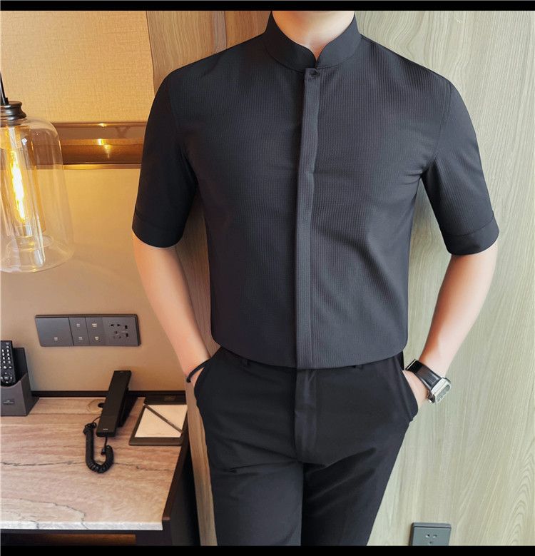 Douyin fornisce camicie da uomo a maniche lunghe, slim fit, con colletto alto, a maniche lunghe, con bottoni nascosti, nuove camicie estive._voghion.com