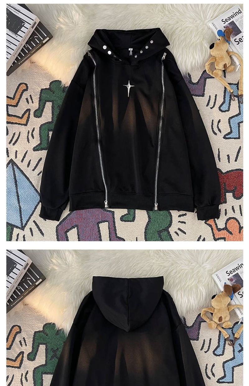Felpa con cappuccio hip hop da uomo con doppie cerniere in metallo, pullover streetwear oversize per la moda casual_voghion.com
