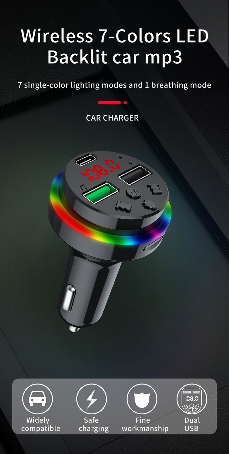 Car Charger Mobile Phone Charger Bluetooth Hands-free Call USB TYPE-C Port with Charging Function FM Transmission Frequency Colorful Ambient Light_voghion.com