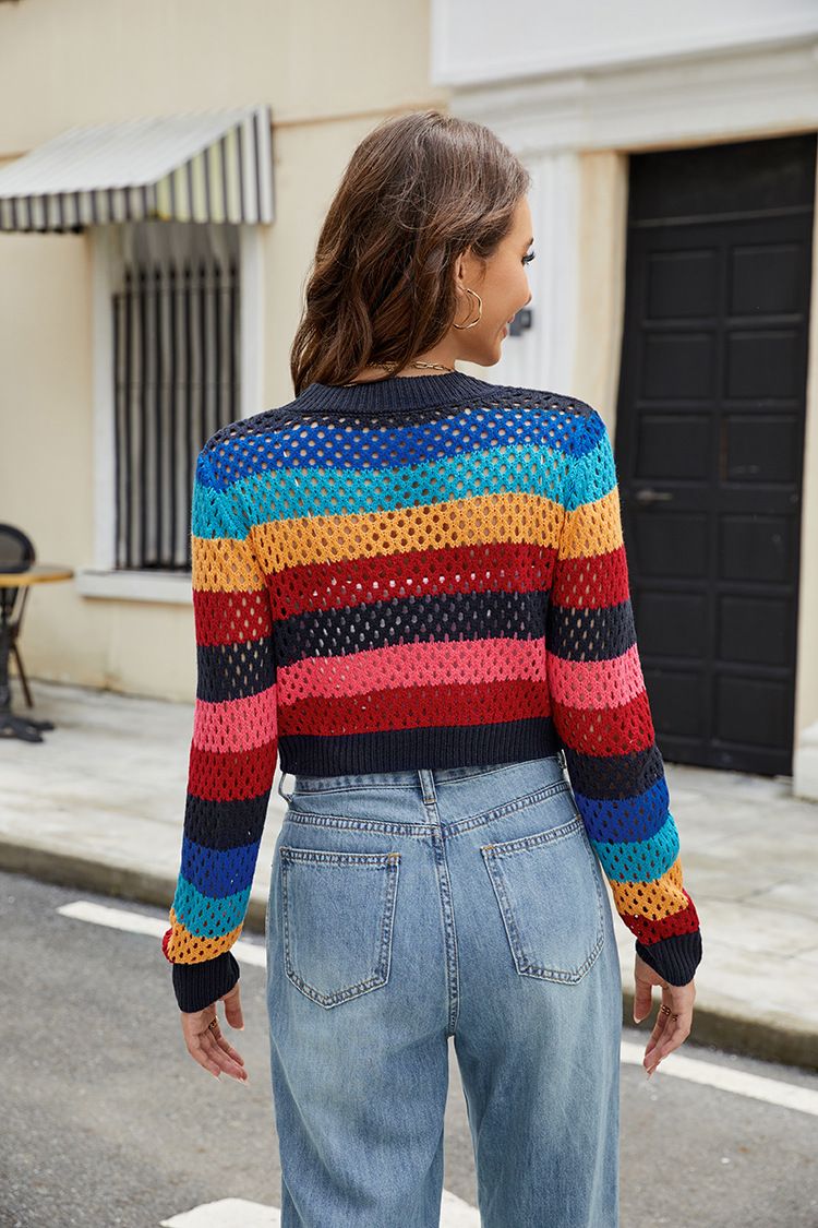 Elegante cardigan a righe all'uncinetto con cintura - Coprispalle leggero in maglia aperta per donna, camicetta casual a maniche lunghe con scollo a V e vestibilità ampia_voghion.com
