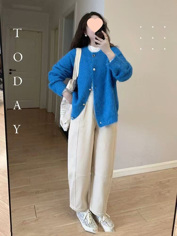 Mädchen Herbst Winter Aufhellender Pullover Mantel Strickcardigan Damen Kleinblau Flauschig Elegantes Design Top_voghion.com