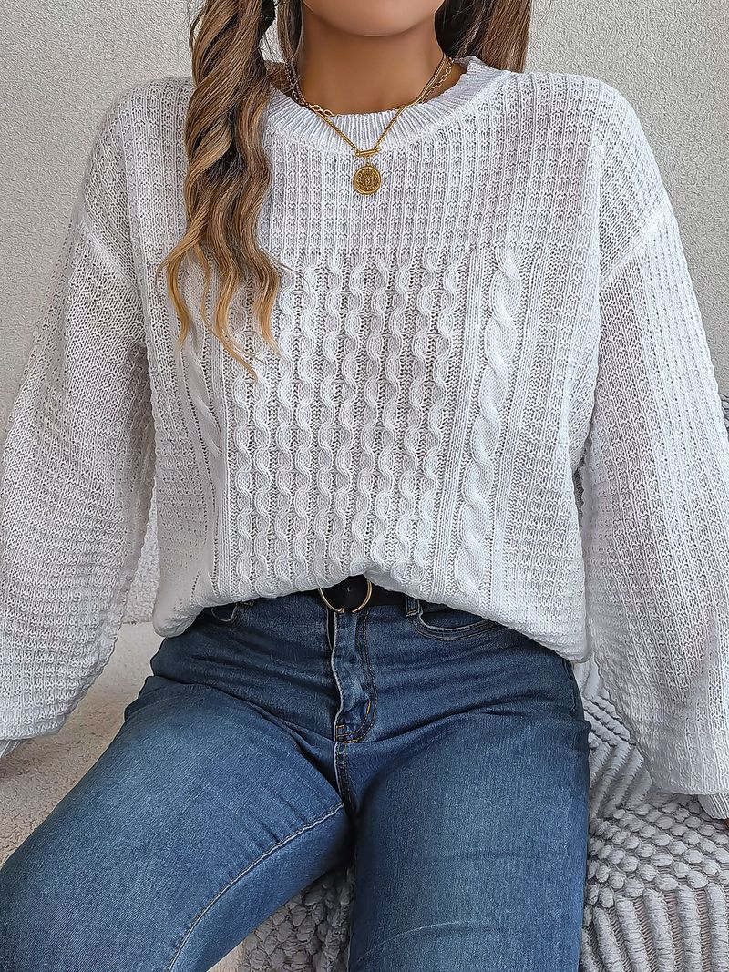 Maglione pullover casual con maniche a lanterna intrecciate, tinta unita, autunno e inverno 2023, moda donna_voghion.com
