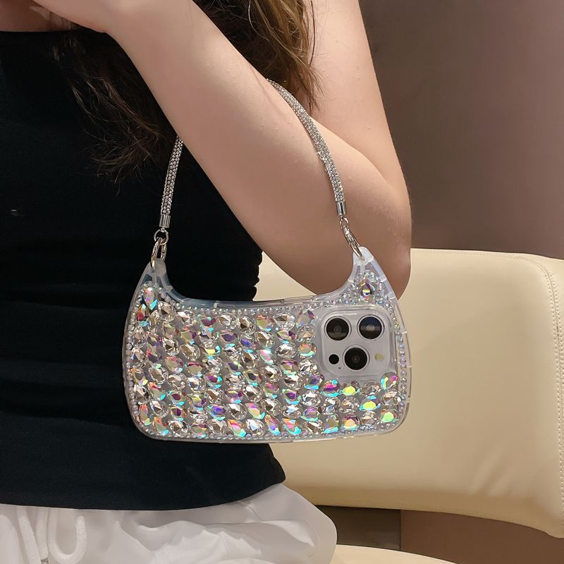 High-end Crystal Bag With Single Shell Same Style Flash Diamond Strap Phone Case For IPhone 16 Pro Max 15 Pro 14 13 12 11 Case_voghion.com