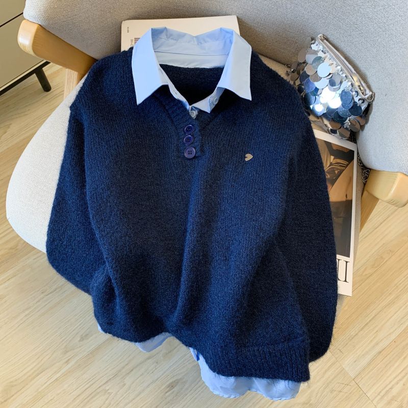 Abbigliamento da donna in stile coreano, camicia a strati e top in maglia, outfit autunnale da donna - grigio, bianco e blu_voghion.com