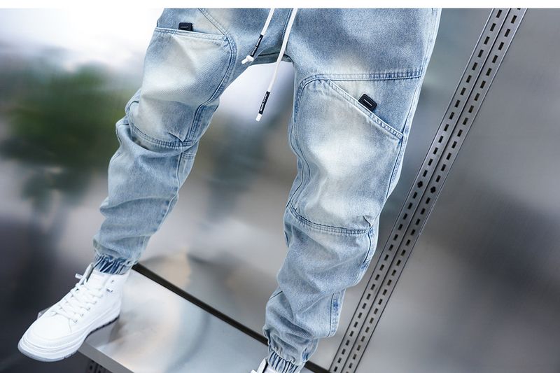 Men's Multi-Pocket Work Jeans – Loose Cuff Washed Denim Pants, Retro Utility Style With Nine-Point Harem Fit_voghion.com