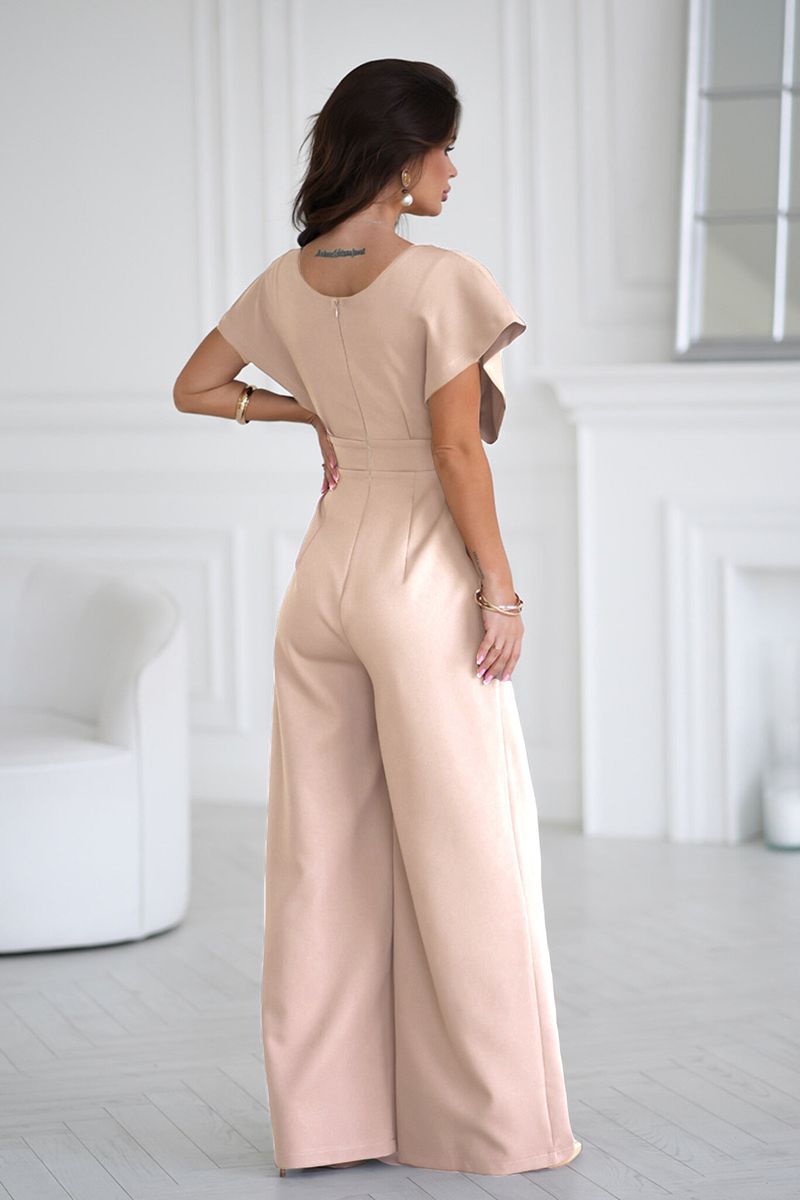 Women's Clothing New Summer Solid Color Short Sleeve Long Pants V Neck Waist Slim Jumpsuit Women's Clothing_voghion.com