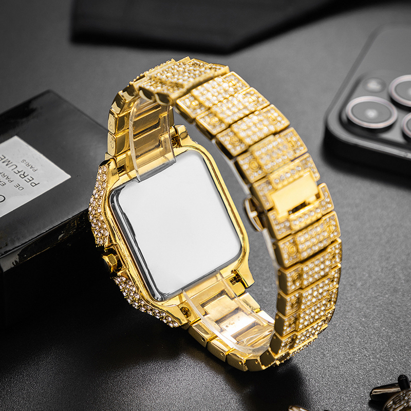 Men's Fashion Square Watch With Full Diamond Accents, Roman Numerals, And Quartz Movement - Waterproof, Stainless Steel Band, Mineral Glass_voghion.com