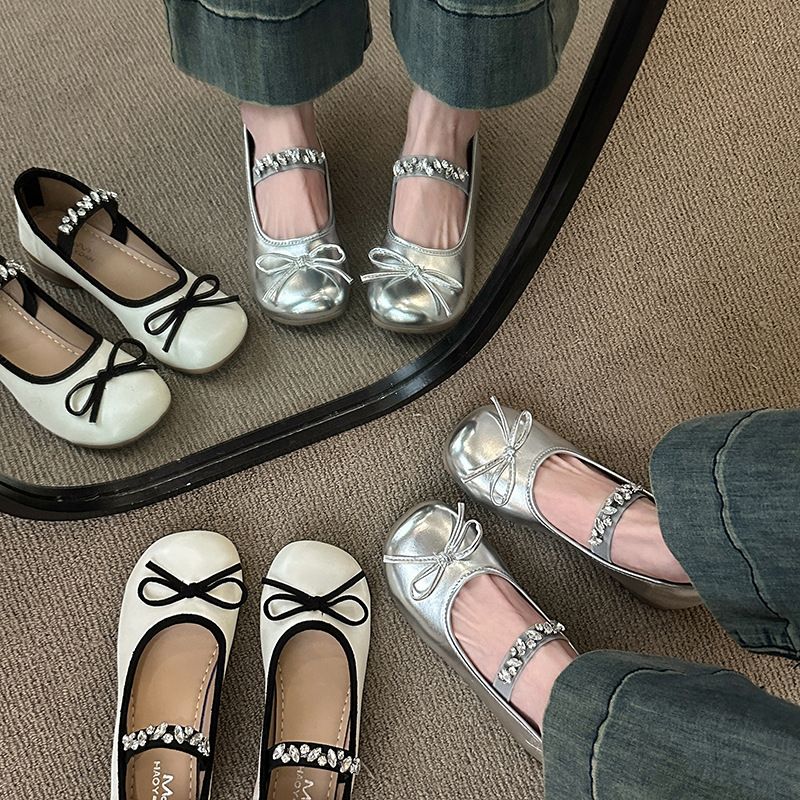 Women's Round Head Cowhide Women's Casual Single Shoes Flat Shoes Low Heel Single Shoes Rhinestone Princess Shoes Evening Shoes_voghion.com