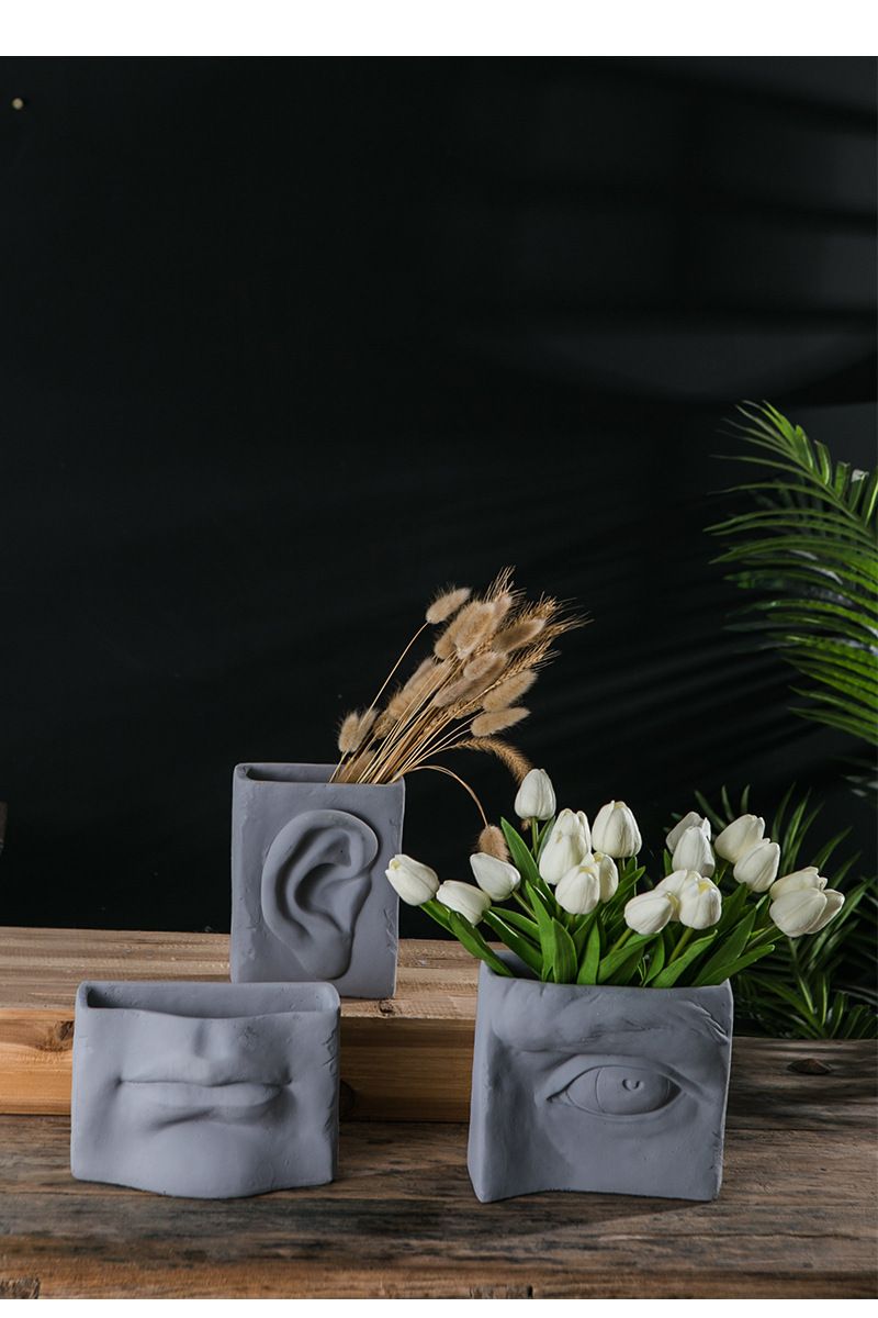 Creative Facial Features Cement Flower Pot Container Abstract Human Body Artwork Ornament Indoor Entrance Office Vase_voghion.com