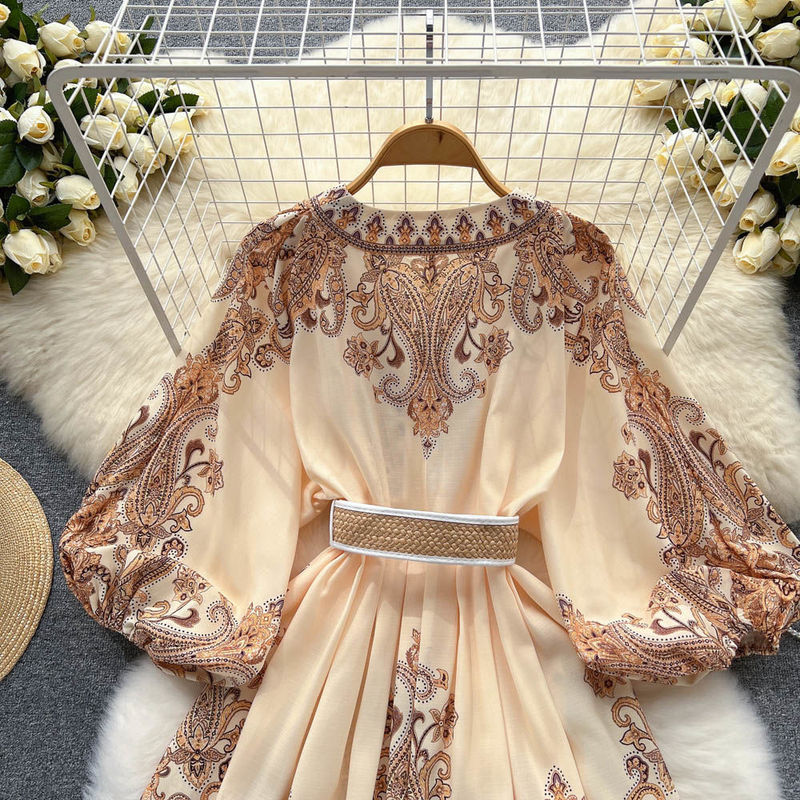 Damen-Retro-Urlaubsstil, V-Ausschnitt, Laternenärmel, Taille, mittellanges, bedrucktes, zierliches Kleid_voghion.com