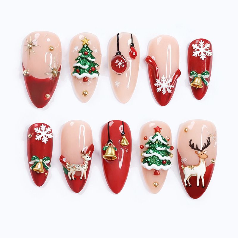 Ongles décoratifs de haute qualité en forme d'amande, motif sapin de Noël et élan 3D, entièrement faits main._voghion.com