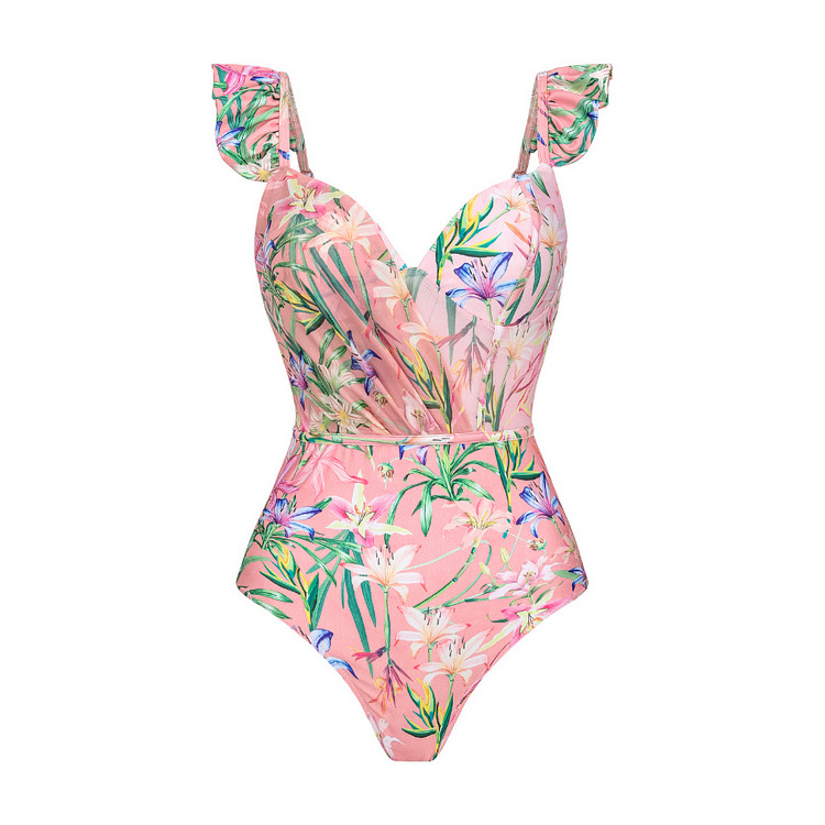 Women's One-piece Swimsuit Mini Ruffled Mesh Splicing Printed Swimsuit Suit for Women_voghion.com