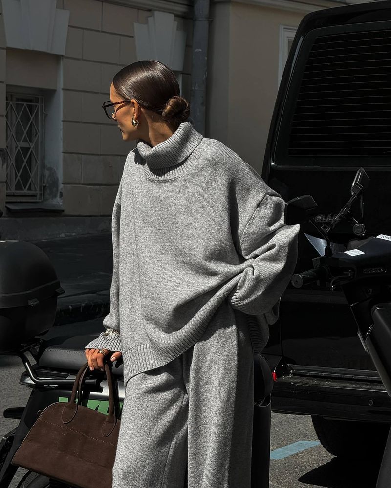 Elegant High-neck Sweater & Straight Leg Pants Set For Women Soft Gray Knitwear Comfortable & Stylish Outfit, Versatile Fall Winter Wardrobe Essential_voghion.com