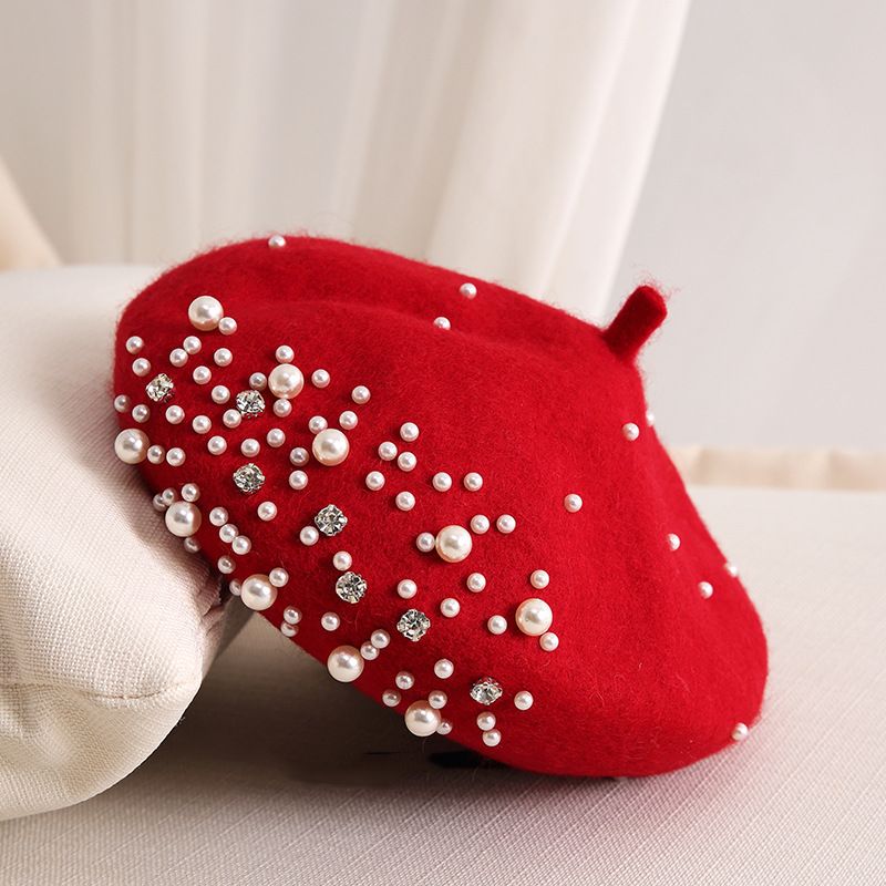 Nuovi arrivi autunno e inverno francese donna lana maglia a pois pizzo piccolo profumato perla basco ragazza cappello da pittore fatto a mano 2024_voghion.com