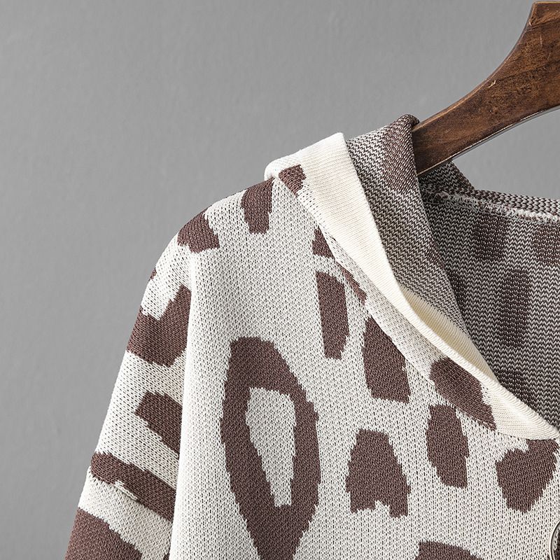 Completo autunnale da donna con cappuccio in maglia - Completo da 3 pezzi con stampa leopardata e a quadri, comodo maglione con cappuccio a maniche lunghe + pantaloni a gamba larga, coordinati casual alla moda_voghion.com