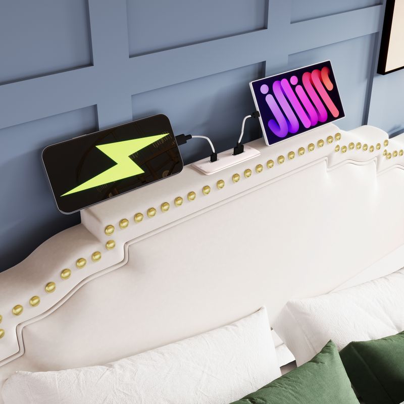 Lit Queen Size rembourré 140 x 200 cm avec coffre hydraulique, éclairage LED et port de charge USB-C, cadre de lit plateforme en velours avec sommier à lattes, beige, sans matelas_voghion.com