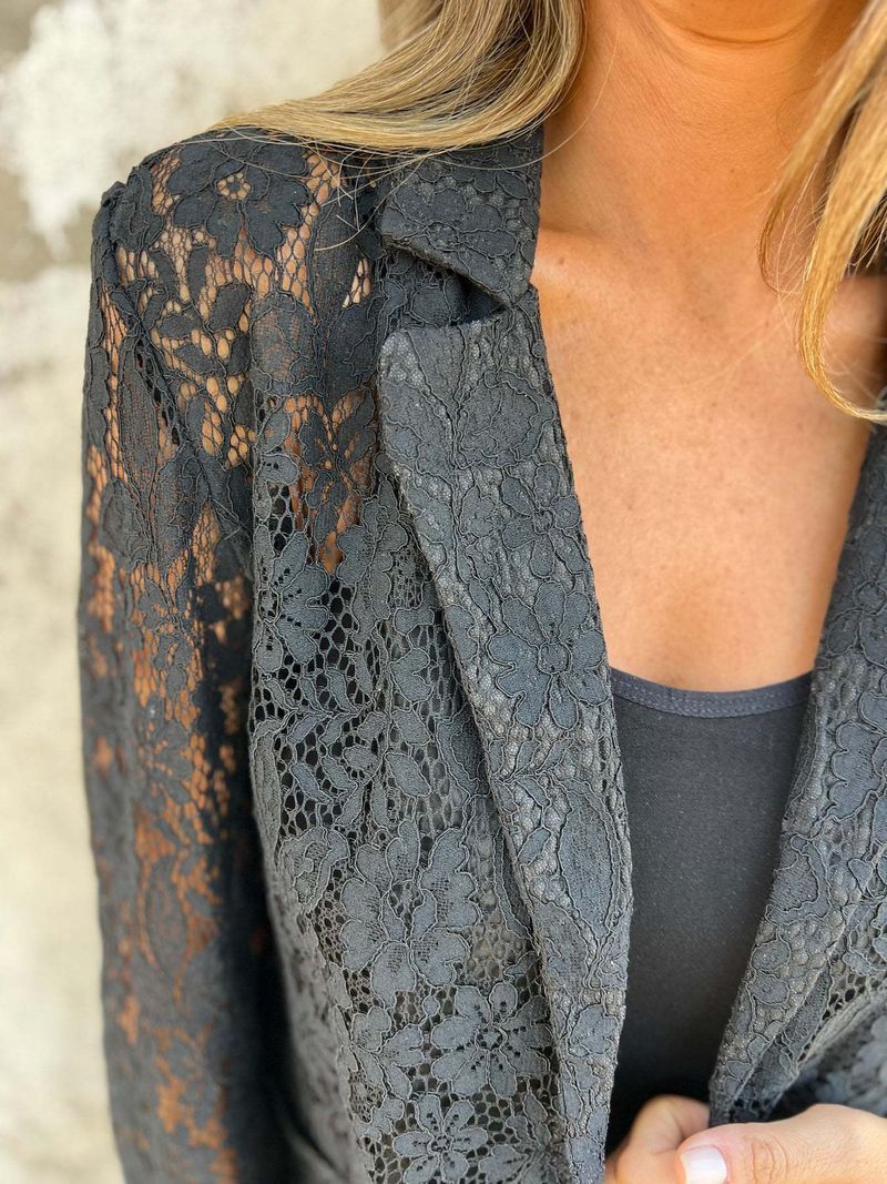 Blazer con camicetta in pizzo tinta unita a maniche lunghe, nuovo e alla moda, casual da donna_voghion.com