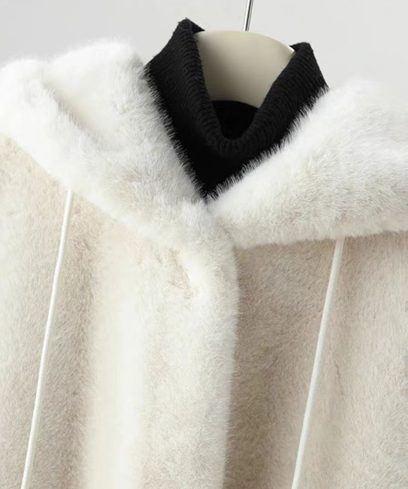 Cappotto con cappuccio in finta pelliccia di visone da donna – Giacca lunga invernale da strega per donna (avorio/rosa/nero, taglia unica)_voghion.com