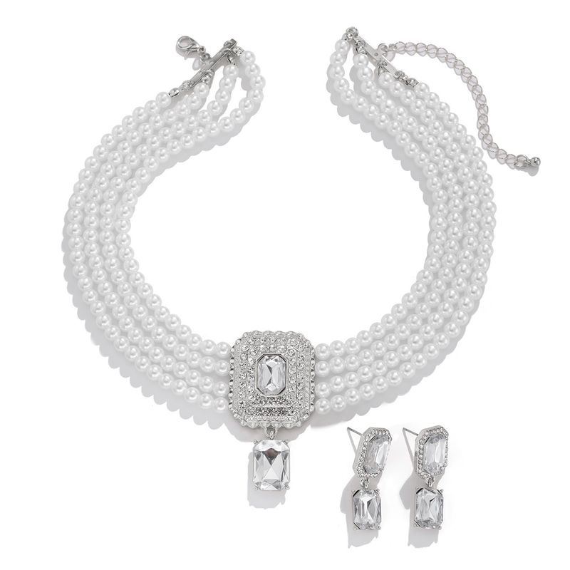 Retro square full diamond gem pearl choker necklace temperament French multi layer necklace_voghion.com