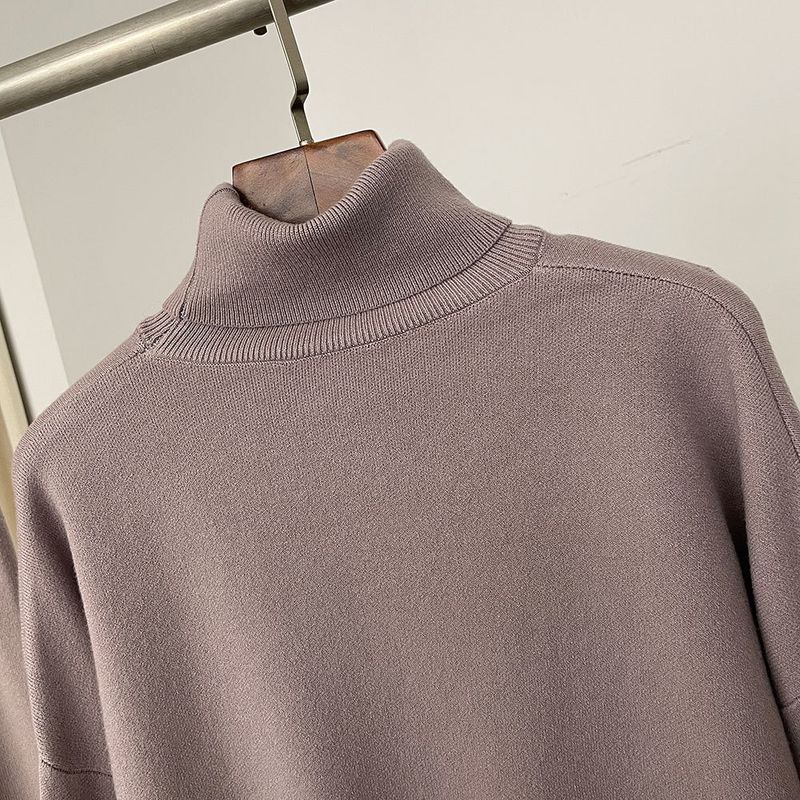 Ensemble en tricot avec poignets en fourrure de renard pour femme – Pull ample à col montant et pantalon large pour l'automne/hiver_voghion.com