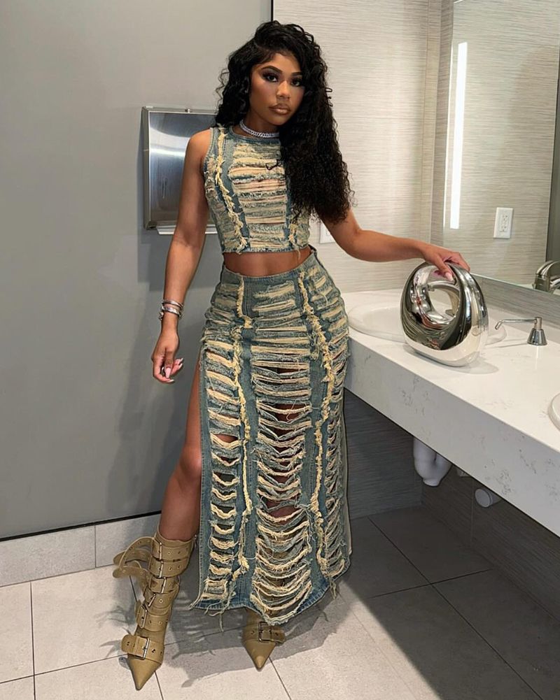 Women’s Clothing women's denim suits, cross border women's fashion, personalized hand worn vest, high slit denim skirt suit_voghion.com