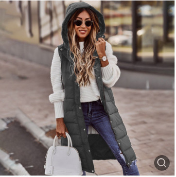 Gilet lungo in cotone senza maniche, con cappuccio, temperamento sottile, tinta unita, moda e tempo libero da donna_voghion.com
