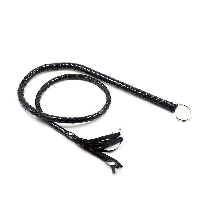 Prodotti sessuali SM in pelle nera lucida con anello di ferro, frusta dritta estesa, più di 1 metro, giocattoli sessuali, frusta per bondage, frusta con anello di ferro, frusta per baffi_voghion.com