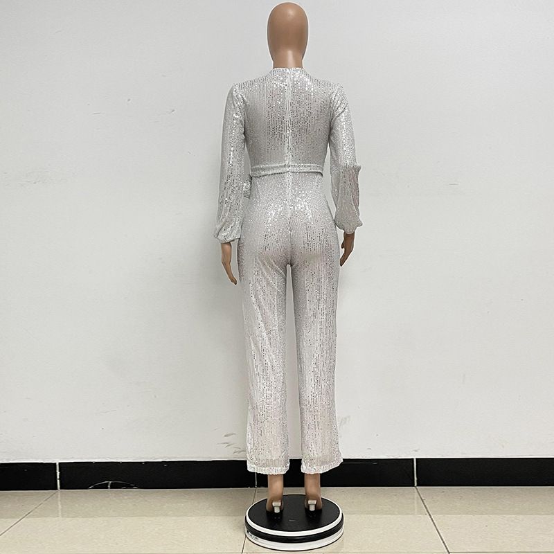 Damkläder Ins Style Deep V Mode Casual Jumpsuit Långärmat Bälte Paljett Jumpsuit Dam_voghion.com
