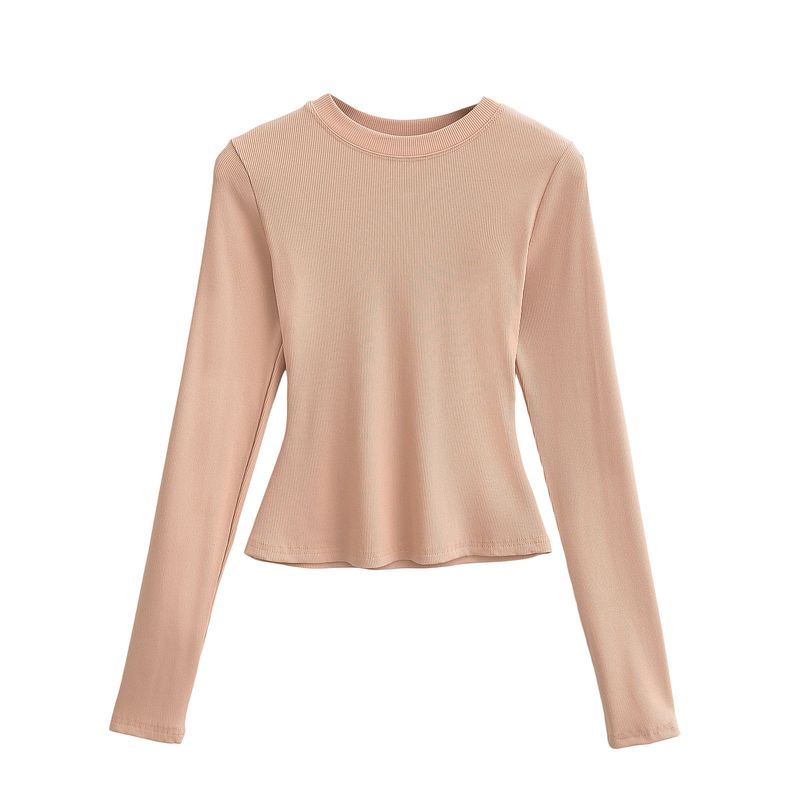 Kim Kardashian Kento Round Neck Base Shirt For Women's Sring Tight Fitting T-shirt Long Sleeved Slim Fit Solid Color_voghion.com