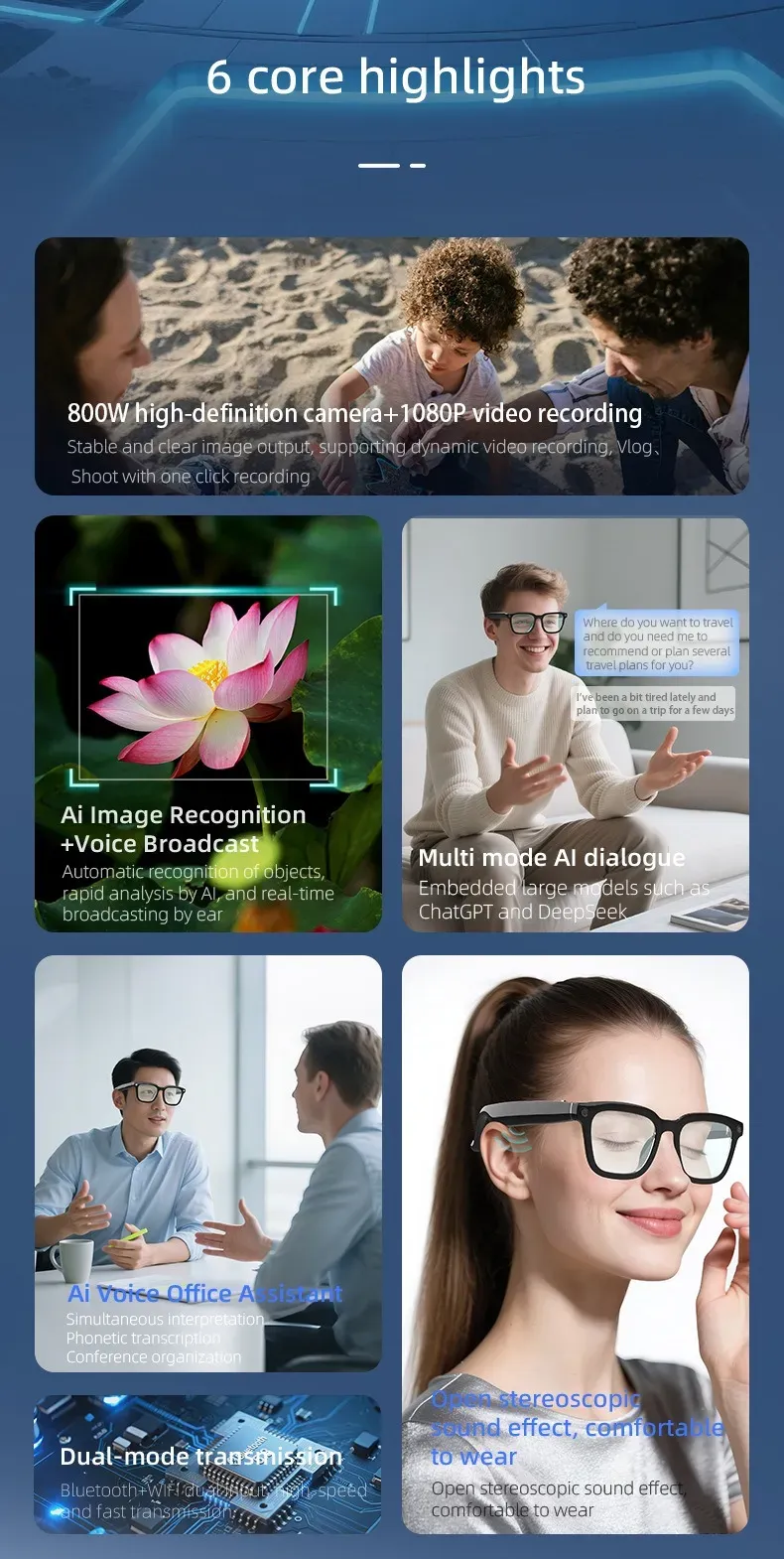 En Çok Satan Yapay Zeka Kameralı Akıllı Gözlük V03-T5, 8 MP HD Video Kaydı, Arama Müzik Fonksiyonları, Sesli Asistan ve_voghion.com