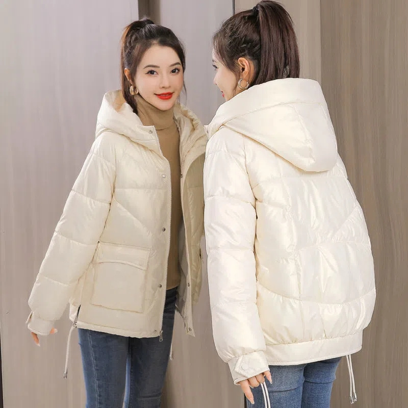 2023 nowych kobiet kurtka zimowa błyszcząca kurtka typu Parka luźny płaszcz podstawowy z kapturem bawełniane wyściełane kobiece parki kurtki studenckie_voghion.com