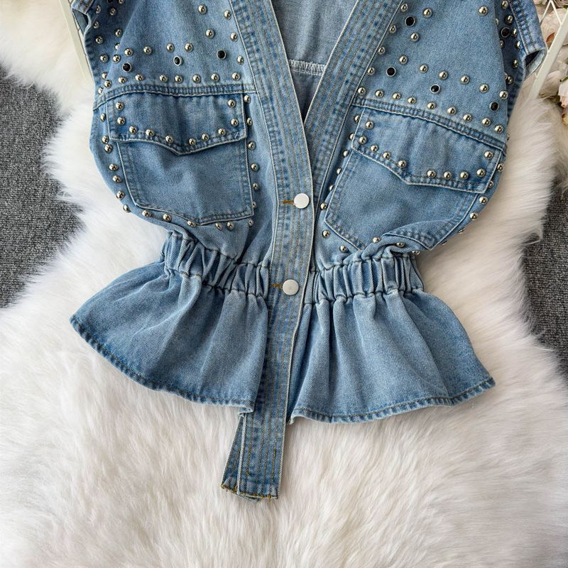 Gilet in denim da donna con cintura in vita e dettagli in strass – Gilet senza maniche azzurro chiaro a trapezio per un look a strati elegante (taglia unica)_voghion.com