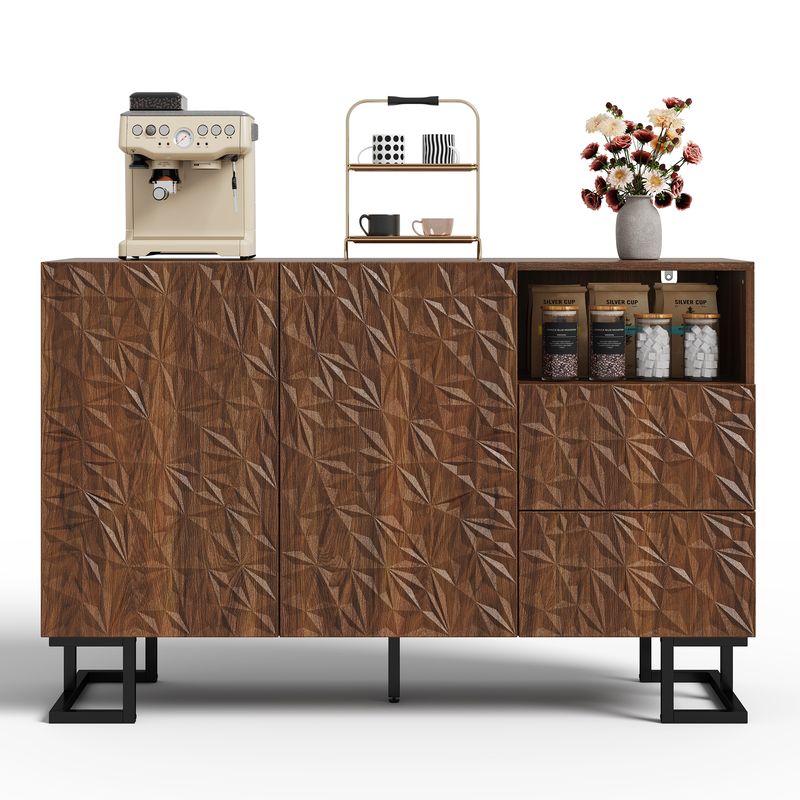 Beistellschrank 120x78,5cm Walnussoptik Mit Blattrelief, 2 Türen & 2 Schubladen_voghion.com