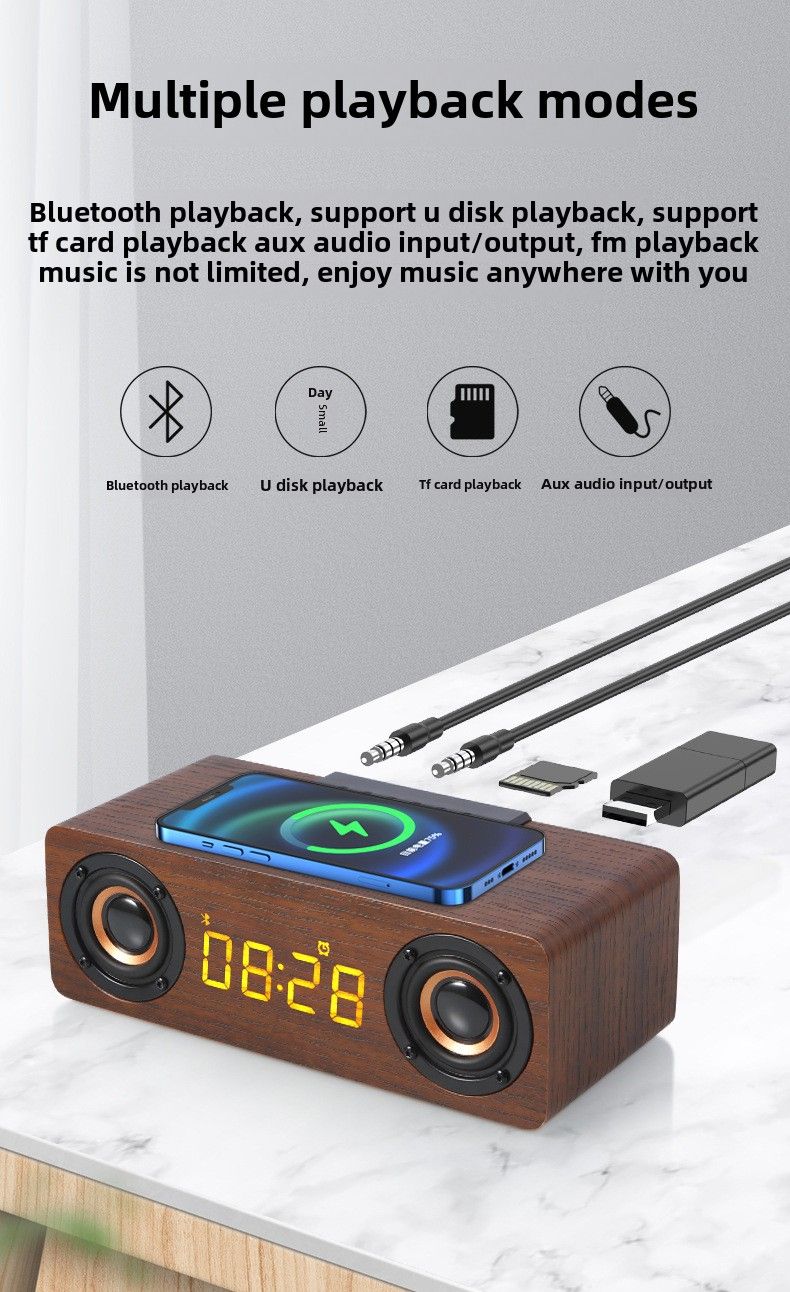 Altoparlante Bluetooth in legno sostenibile, tutto in uno per l'arredamento della camera da letto, radio FM e ricarica wireless_voghion.com
