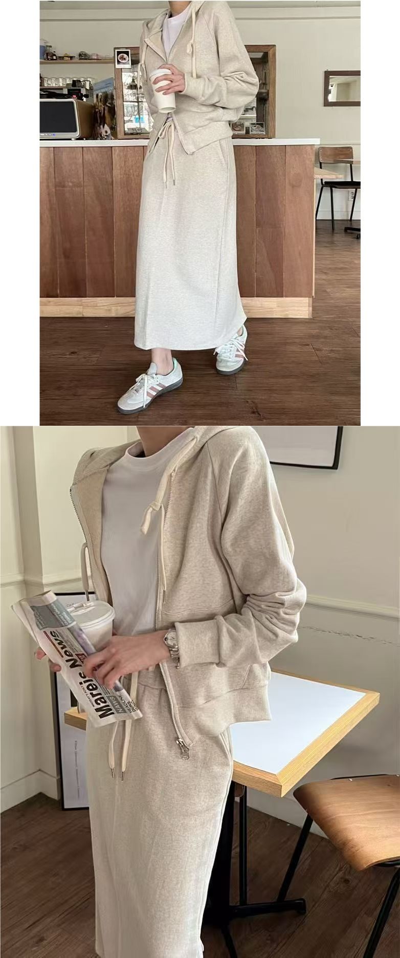 Tuta sportiva casual da donna ActiveGo autunno e inverno, felpa con cappuccio e giacca + gonna a mezza lunghezza snellente a vita alta_voghion.com