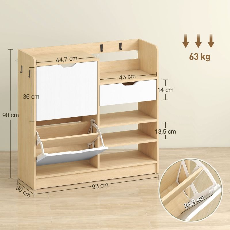 Schuhregal Natur Mit Kippschubladen, 4 Haken Für 14 Paar Schuhe_voghion.com