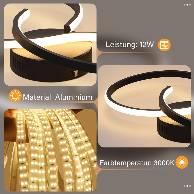 Glitzerlife Deckenleuchte LED Deckenlampe Schwarz - Moderne Wohnzimmerlampe 12W Schlafzimmerlampe Innen 3000K Küchenlampe Warmweiß Deckenbeleuchtung Für Flur Küche_voghion.com