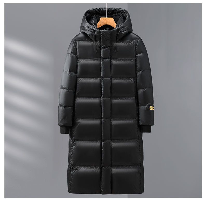 Langer schwarz-goldener Unisex-Puffermantel – 600 FP, 90 % weiße Gänsedaunen, wasserdicht und knielang (S-3XL)_voghion.com