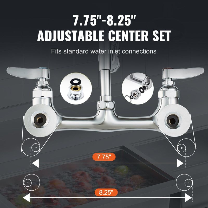 VEVOR Commercial Faucet With Pre-Rinse Sprayer, 36" Height, 8" Center, 12" Swing Spout, Wall Mount Kitchen Sink Faucet, Brass Constructed Device With Pull Down Spray, For 1/2/3 Compartment Sink_voghion.com